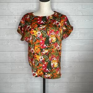 80’s vintage floral blouse orange/green short sleeve cottagecore Size medium